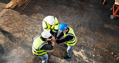 Buy stock photo Above, success and men with hand stack for carpentry, construction project and agreement. Happy, teamwork and people with support for renovation, building or infrastructure for woodworking production