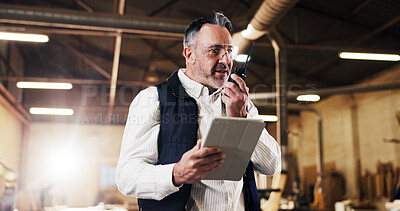 Buy stock photo Radio, inspection and man with tablet in carpentry warehouse for quality control or planning. Manufacturing, timber factory and mature person with tech for workshop, safety and communication or flare