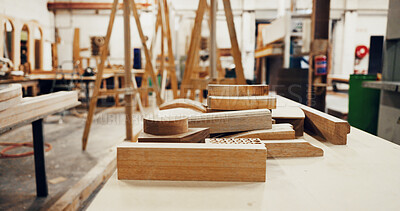 Buy stock photo Woodworking, workshop and lumber stack on table, manufacturing and material for furniture production. Carpentry, process and custom timber for architectural project, restoration and craftsmanship