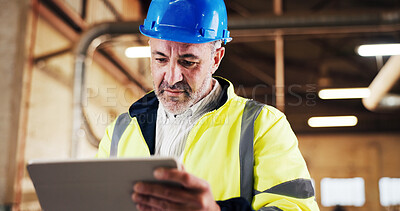 Buy stock photo Serious, carpenter and man with tablet in workshop, discussion or planning for furniture production. Woodworking, research and mature person with technology, project management and manufacturing