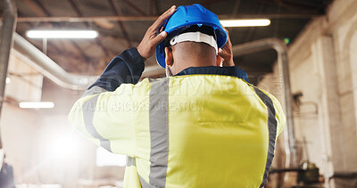 Buy stock photo Carpenter, inspection and man with helmet in warehouse, back and supervisor for furniture production. Woodworking, quality assurance and person with hard hat, manufacturing and project in workshop