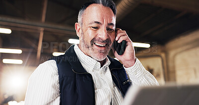 Buy stock photo Phone call, inspection and man with tablet in carpentry warehouse for quality control or planning. Furniture, timber factory and mature person with tech for workshop, safety or communication or flare