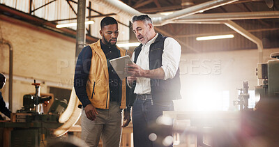 Buy stock photo Carpentry, talking and men on tablet in workshop for planning, furniture project and woodworking. Contractor, team and people on tech for remodeling, inventory list and schedule for timber business