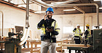 Phone call, man and construction worker on site with communication, feedback or update on repairs. Cellphone, talking and civil engineer on mobile discussion for review on building renovation.