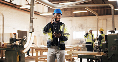 Buy stock photo Phone call, man and construction worker on site with communication, feedback or update on repairs. Cellphone, talking and civil engineer on mobile discussion for review on building renovation.