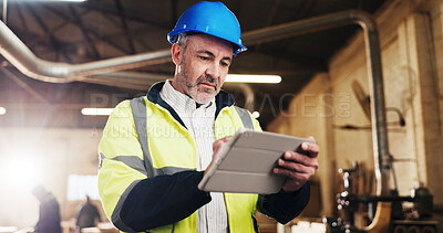 Buy stock photo Scroll, carpenter and tablet with man in warehouse for manufacturing, furniture inspection and inventory list. Engineer, production update and woodworker with mature person for digital safety check