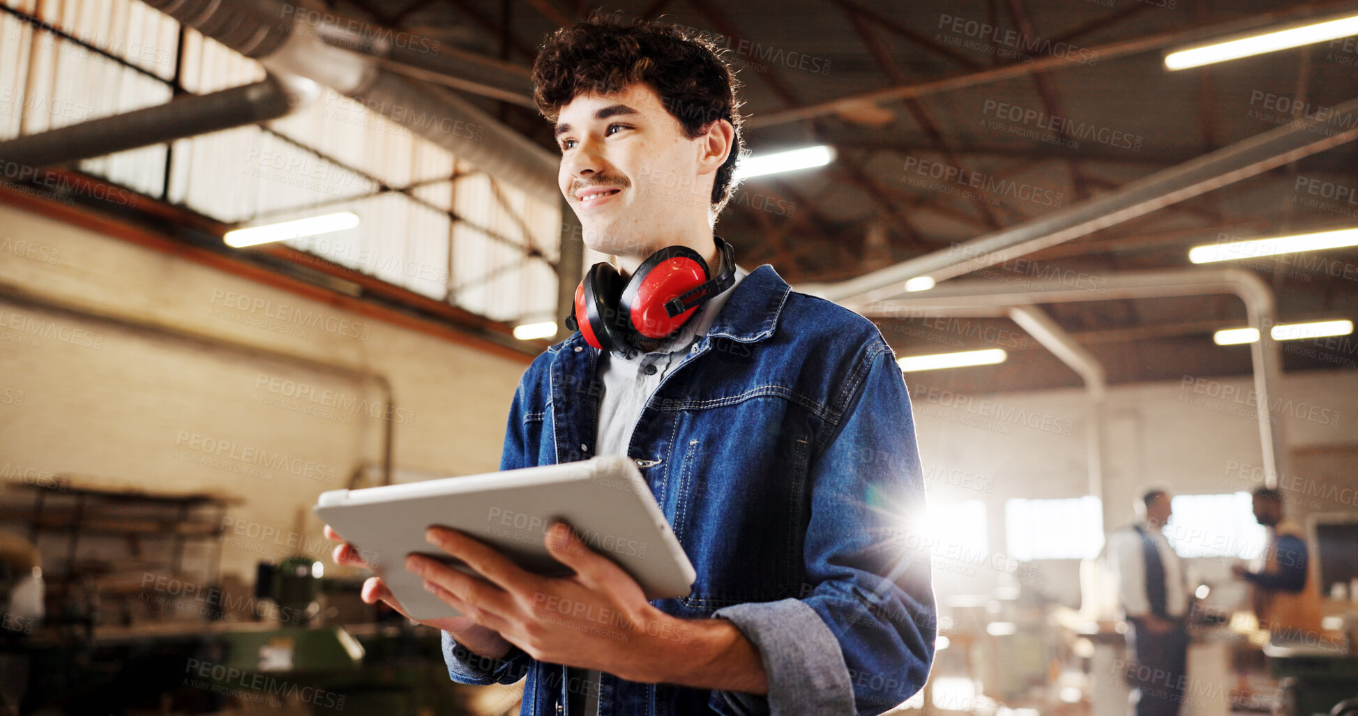 Buy stock photo Smile, inspection or man with tablet in carpentry warehouse for quality control or planning. Manufacturing, timber factory and person with tech checklist for workshop, safety or compliance with flare