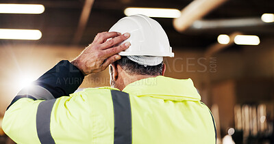 Buy stock photo Carpenter, supervisor and man with helmet in factory, safety and compliance for furniture production. Woodworking, quality assurance and person with hard hat, back and protection on construction site