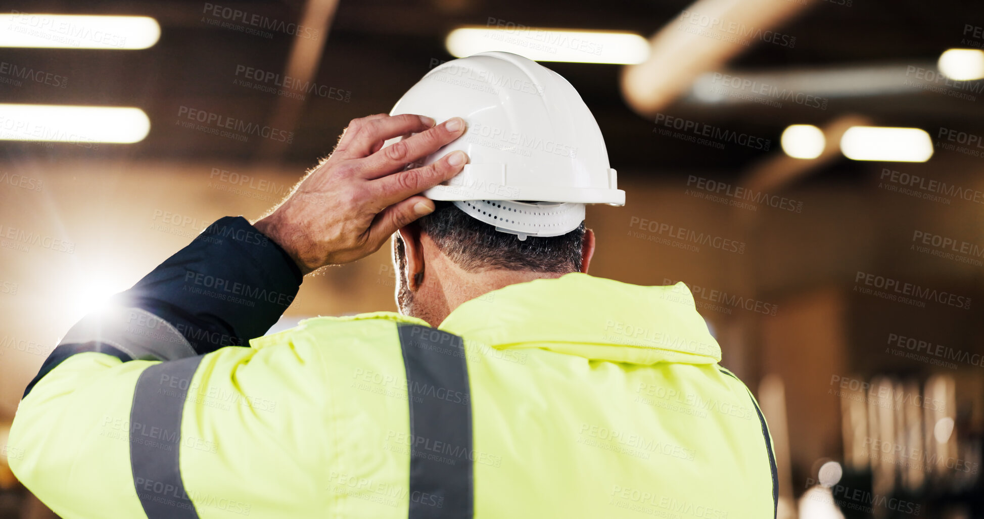 Buy stock photo Carpenter, supervisor and man with helmet in factory, safety and compliance for furniture production. Woodworking, quality assurance and person with hard hat, back and protection on construction site