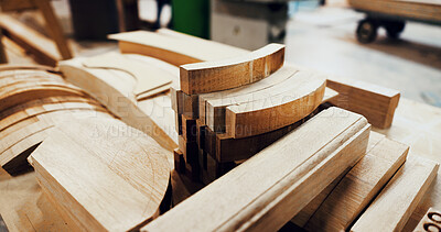 Buy stock photo Woodworking, workshop and timber stack on table, manufacturing and material for furniture production. Carpentry, process and custom lumber for architectural project, restoration and craftsmanship