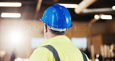 Buy stock photo Engineer, carpenter and back with man in warehouse for manufacturing, furniture inspection and safety check. Contractor, production inventory and woodworker with person in workshop for restoration