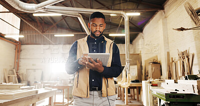Buy stock photo Scroll, inspection and black man with tablet in carpentry warehouse for quality control. Manufacturing, timber factory and person with tech checklist for workshop, safety or compliance with flare