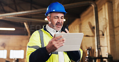 Buy stock photo Radio, carpenter and tablet with man in warehouse for manufacturing, furniture inspection and contact. Communication, production update and woodworker with mature person for digital safety check