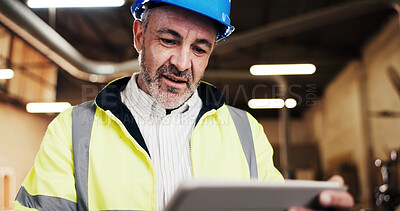 Buy stock photo Reading, carpenter and tablet with man in warehouse for manufacturing, inspection or inventory list. Engineer, production update and woodworker with mature person for digital safety check and project