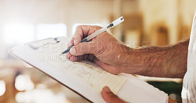 Buy stock photo Carpentry, review or hands in warehouse with clipboard, quotation or measurement sheet in woodworking. Plan, man or carpenter with notes, order pricing or material calculation in furniture business.