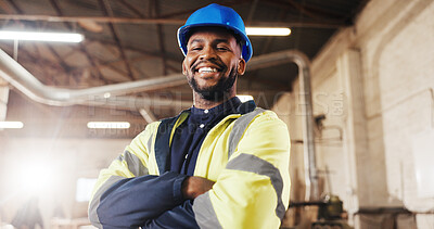 Buy stock photo Carpentry, portrait or black man in factory with arms crossed, craftsman or pride in furniture business. Happy, hardhat or carpenter with confidence, woodworking or about us as lumber contractor.