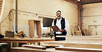 Small business, inspection and man with clipboard in carpentry warehouse for quality control. Manufacturing, timber factory and mature person with checklist for workshop, safety or compliance