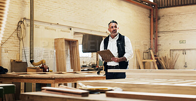 Buy stock photo Small business, inspection and man with clipboard in carpentry warehouse for quality control. Manufacturing, timber factory and mature person with checklist for workshop, safety or compliance
