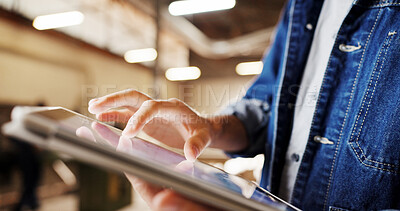 Buy stock photo Hands, inspection and person with tablet in carpentry warehouse for stock quality control. Manufacturing, timber factory and man with tech and checklist for workshop, safety process and compliance