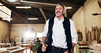 Man, happy and walking into workshop for carpentry, woodworking and artisan with pride. Below, smile and mature carpenter with bag for arrival at job, lumber or timber with industry trade at plant
