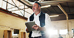 Smile, inspection and man with tablet in carpentry warehouse for quality control. Manufacturing, timber factory and mature person with tech checklist for workshop, safety or compliance with flare