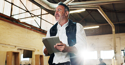 Buy stock photo Smile, inspection and man with tablet in carpentry warehouse for quality control. Manufacturing, timber factory and mature person with tech checklist for workshop, safety or compliance with flare
