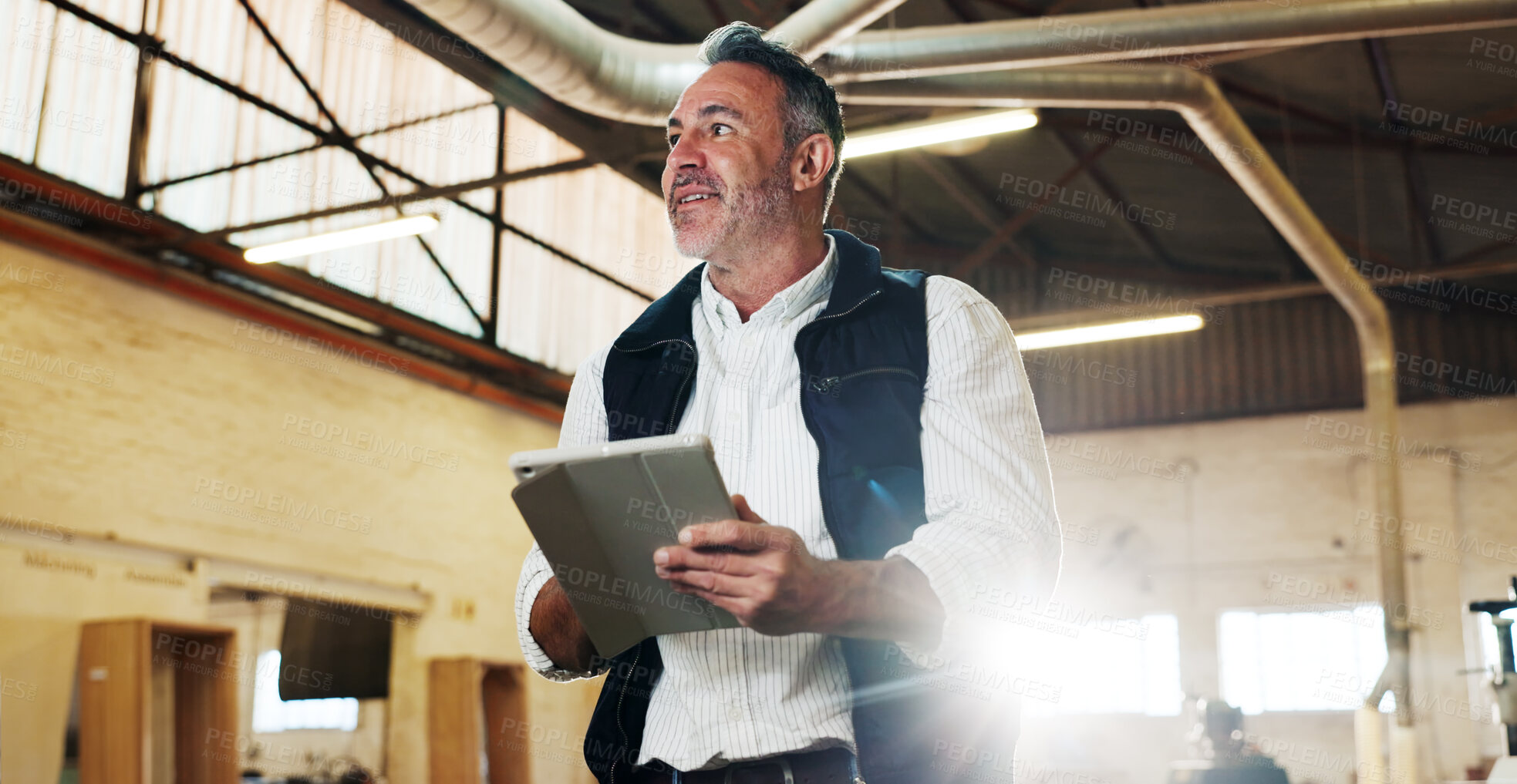 Buy stock photo Smile, inspection and man with tablet in carpentry warehouse for quality control. Manufacturing, timber factory and mature person with tech checklist for workshop, safety or compliance with flare