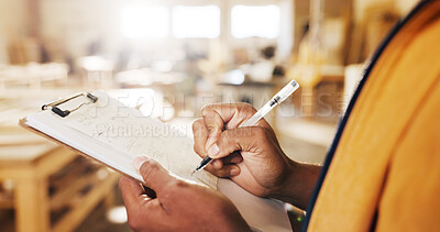 Buy stock photo Carpentry, review or hands in factory with clipboard, quotation or measurement sheet in woodworking. Planning, man or carpenter with notes, order pricing or material calculation in furniture business