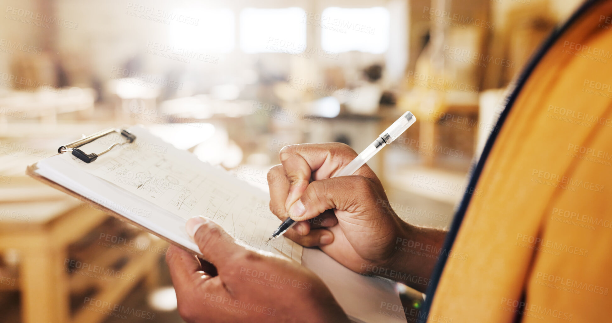 Buy stock photo Carpentry, review or hands in factory with clipboard, quotation or measurement sheet in woodworking. Planning, man or carpenter with notes, order pricing or material calculation in furniture business
