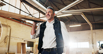 Buy stock photo Carpentry, prep or man in factory with plank, stock control or order process in furniture business. Happy, flare or mature artisan with slab, inventory management or delivery supply in woodworking.