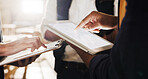 Hands, inspection and men with tablet in carpentry warehouse for meeting or planning. Manufacturing, timber factory and people with tech and checklist for workshop, safety and compliance with flare
