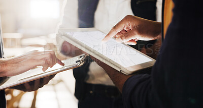 Buy stock photo Hands, inspection and people with tablet in carpentry warehouse with clipboard for meeting. Screen, timber factory and team with tech and checklist for workshop, safety and compliance with flare