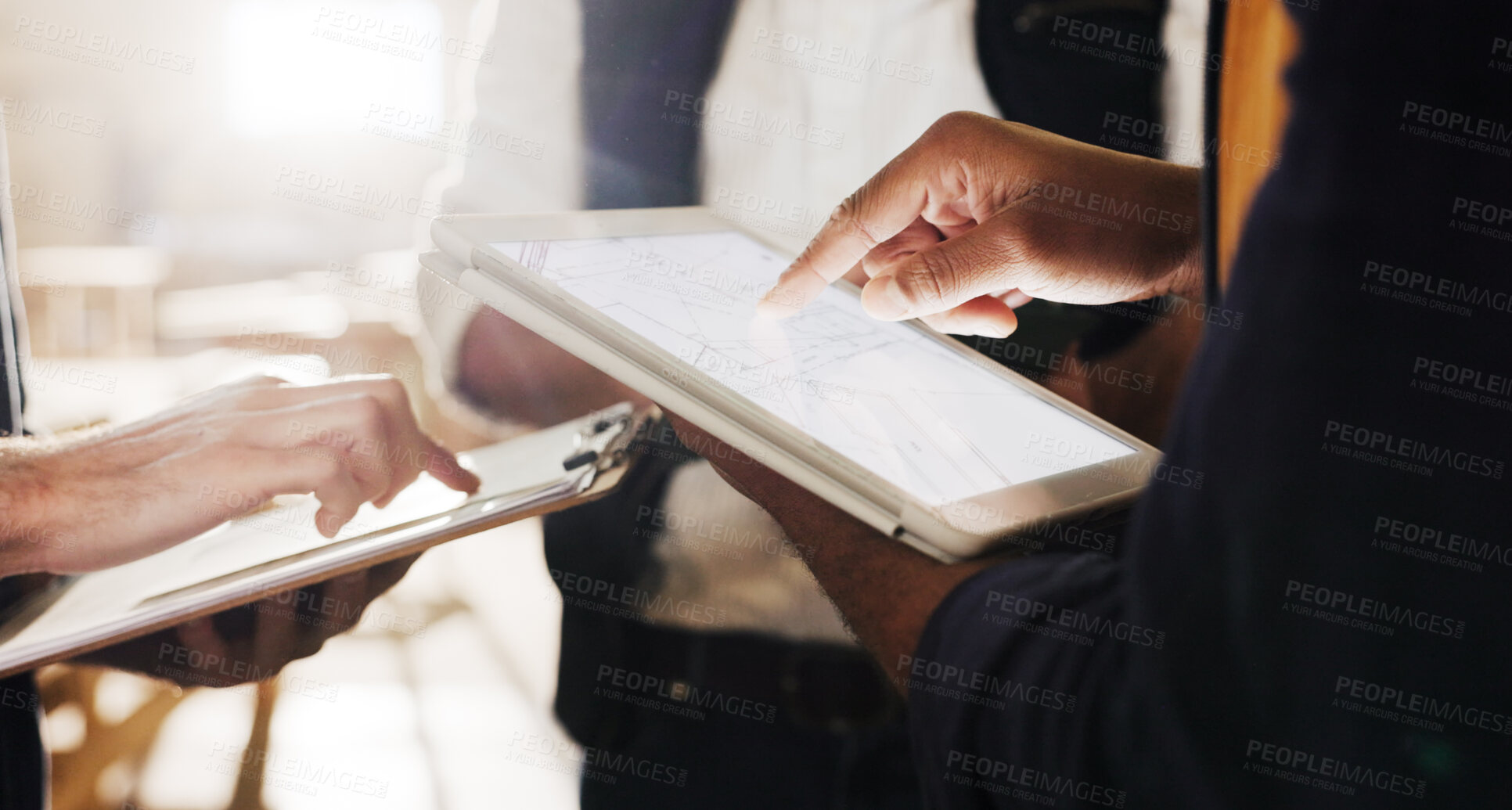 Buy stock photo Hands, inspection and people with tablet in carpentry warehouse with clipboard for meeting. Screen, timber factory and team with tech and checklist for workshop, safety and compliance with flare