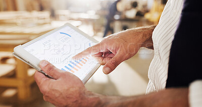 Buy stock photo Tablet, screen and hands with graphs in factory, production stats and foreman with information for carpentry data. Tech, person and productivity numbers on chart for furniture at manufacturing plant