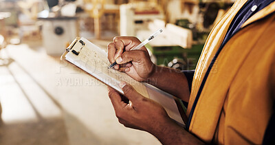 Buy stock photo Carpentry, review or hands in workshop with clipboard, quotation or measurement sheet in woodworking. Plan, man or carpenter with notes, order pricing or material calculation in furniture business.
