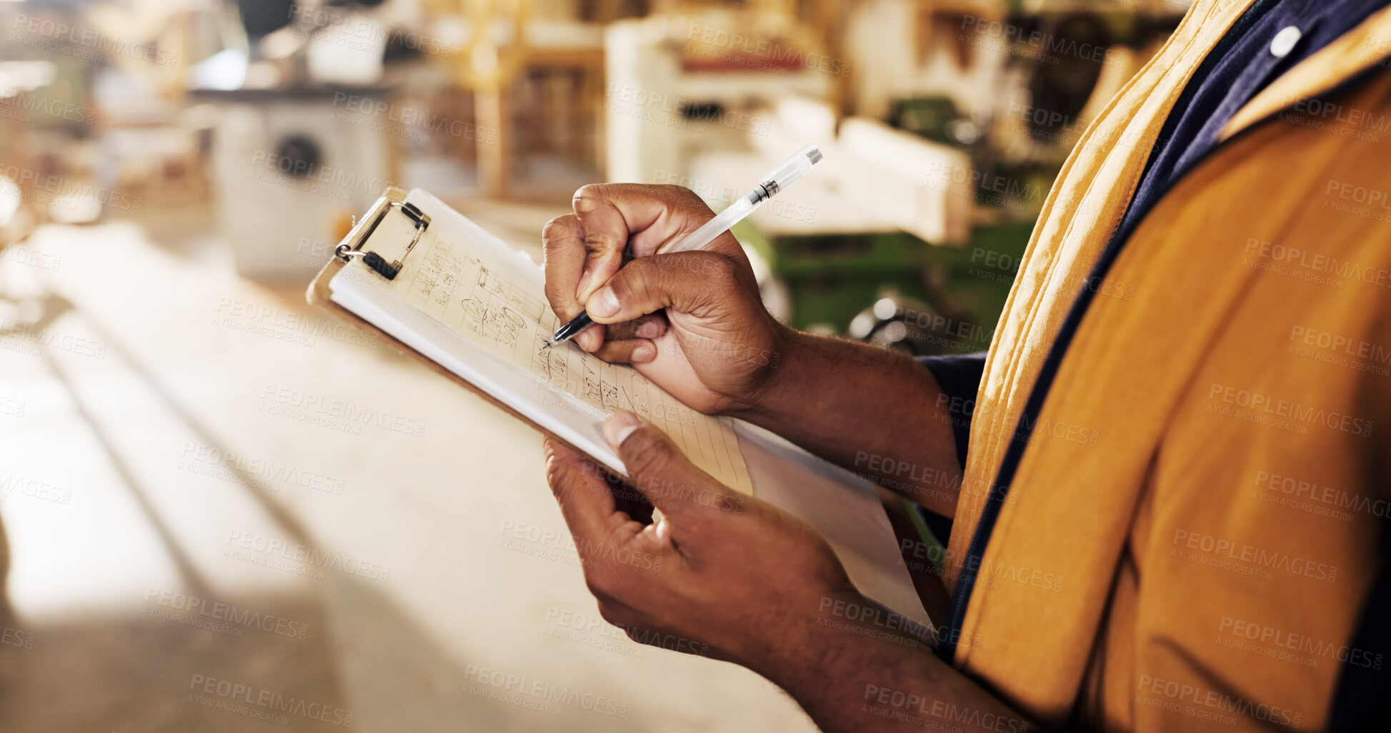 Buy stock photo Carpentry, review or hands in workshop with clipboard, quotation or measurement sheet in woodworking. Plan, man or carpenter with notes, order pricing or material calculation in furniture business.