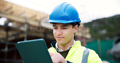 Buy stock photo Construction site, engineer and man with tablet, building design or quality assurance outdoor. Tech, reading and architect with app for safety evaluation, development schedule and check report
