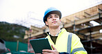 Man, engineer and planning with tablet at construction site, safety evaluation or project vision. Male person, thinking and architect with tech for building, development or problem solving outdoor