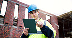 Civil engineer, online and man with tablet on construction site, scroll and planning for renovation. Outdoor, architect and person with technology, low angle and research for property development
