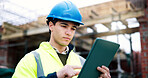 Construction site, engineer and man with tablet outdoor, building design or quality assurance. Tech, reading and architect with app for safety evaluation, development schedule and check report