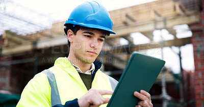 Buy stock photo Construction site, engineer and man with tablet outdoor, building design or quality assurance. Tech, reading and architect with app for safety evaluation, development schedule and check report