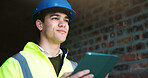 Civil engineer, thinking and man with tablet on construction site, online or planning for renovation. Architect, ideas and person with technology, reflection and research for property development