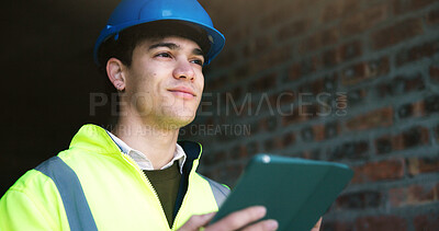 Buy stock photo Civil engineer, thinking and man with tablet on construction site, online or planning for renovation. Architect, ideas and person with technology, reflection and research for property development