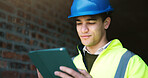 Civil engineer, reading and man with tablet on construction site, online and planning for renovation. Architect, report and person with technology, research and information for property development