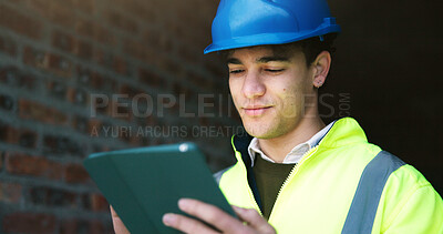 Buy stock photo Civil engineer, reading and man with tablet on construction site, online and planning for renovation. Architect, report and person with technology, research and information for property development