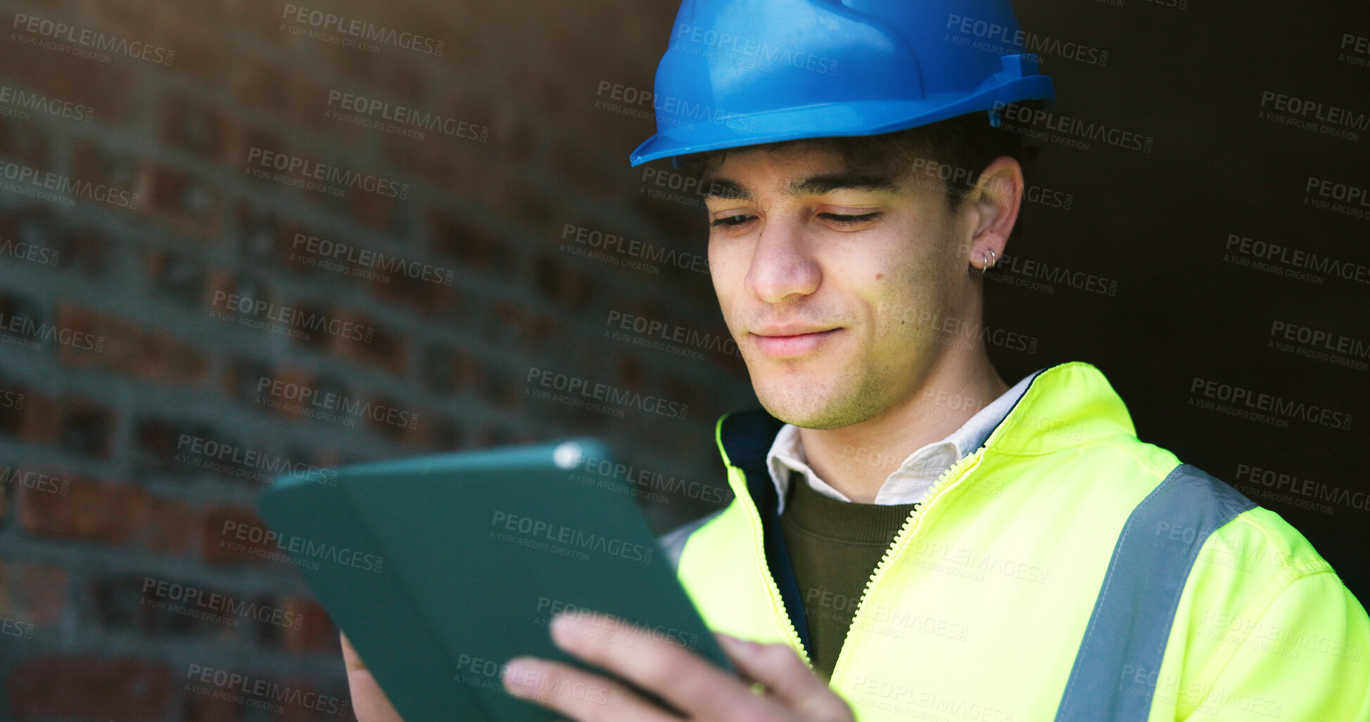Buy stock photo Civil engineer, reading and man with tablet on construction site, online and planning for renovation. Architect, report and person with technology, research and information for property development
