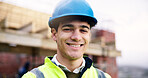 Construction site, architect and happy man outdoor for building development with helmet. Confidence, portrait and  civil engineer with smile, about us and infrastructure professional with safety ppe