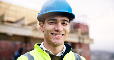 Buy stock photo Construction site, architect and happy man outdoor for building development with helmet. Confidence, portrait and  civil engineer with smile, about us and infrastructure professional with safety ppe