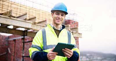 Buy stock photo Construction site, engineer and happy man with tablet outdoor for building development with helmet. Technology, portrait and professional architect with smile, about us or safety inspector with pride