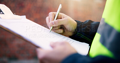 Buy stock photo Hands, engineer and person with clipboard at construction site, schedule or safety compliance info. Writing, document and architect with progress report, building regulations or project checklist